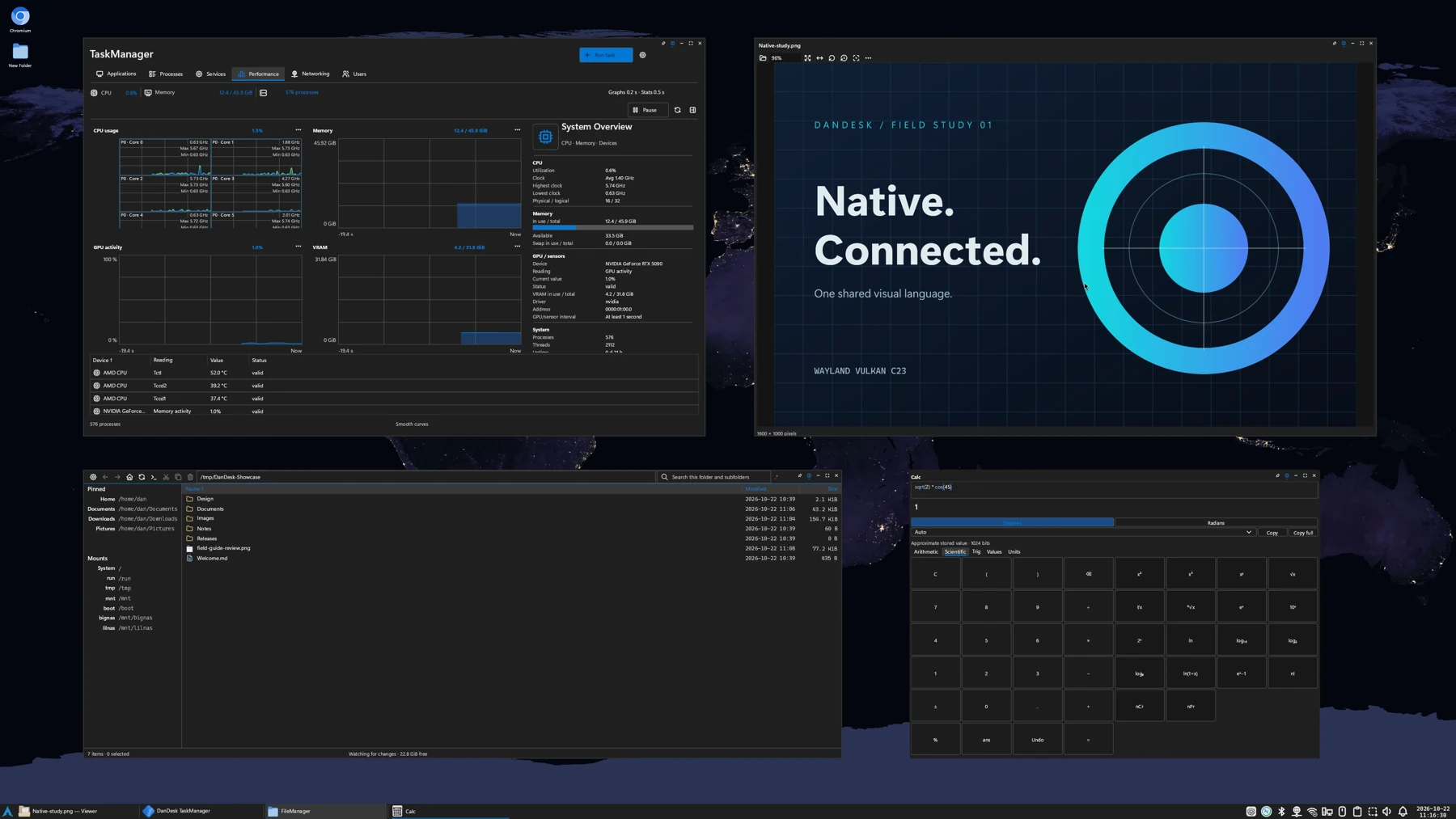 Four native DanDesk applications arranged on the Earth-at-night desktop: TaskManager, Viewer, FileManager and Calc.